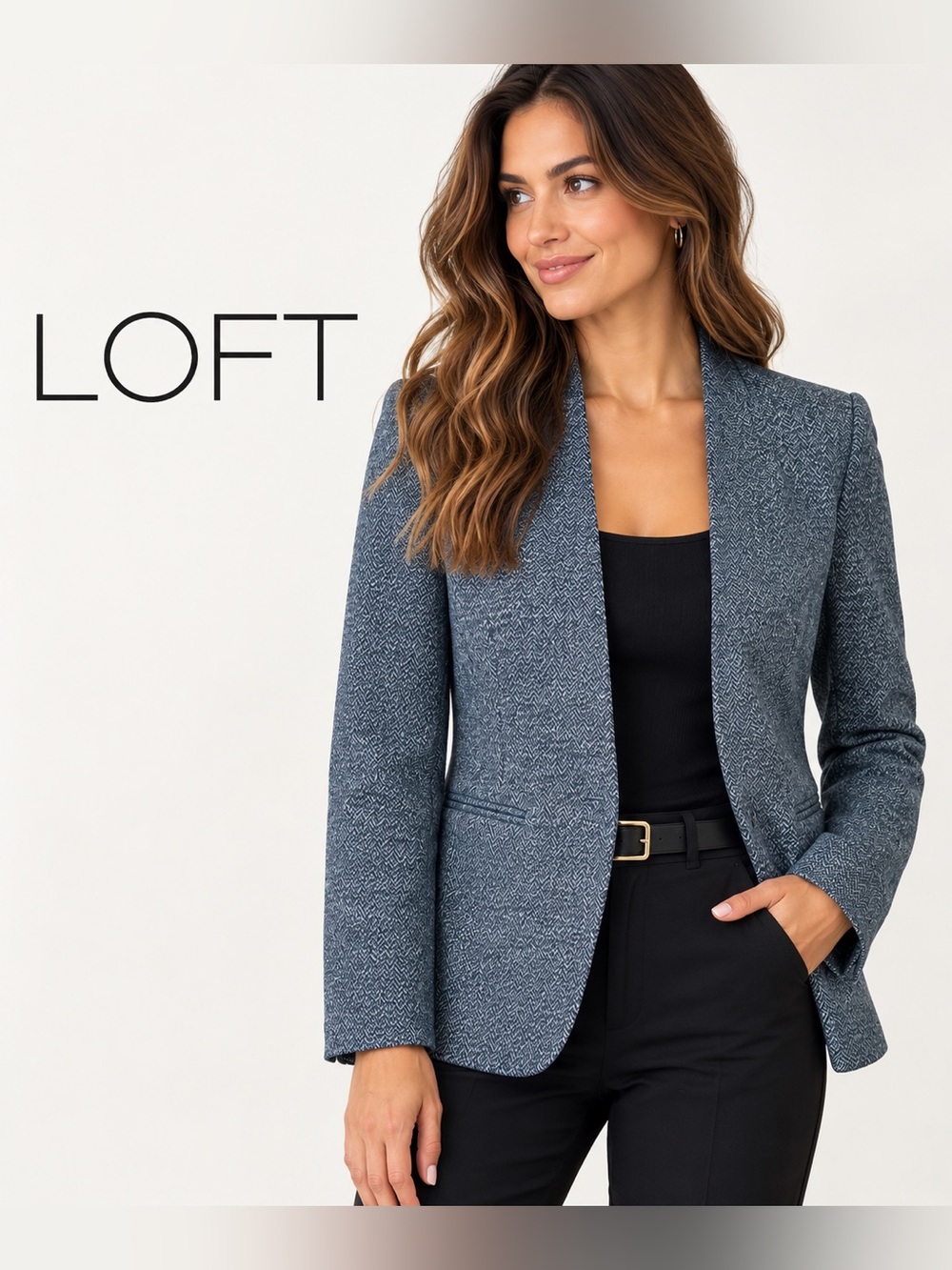 Ann Taylor LOFT Herringbone Blazer Open Front Peplum Gray Size S